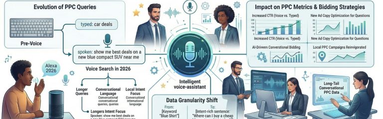voice search impact on ppc showing conversational queries AI bidding and increased click through rates infographic