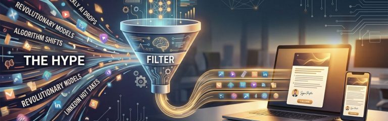 AI newsletter concept showing filtering hype into curated insights across devices