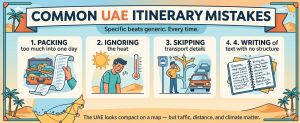 Illustration of common UAE itinerary mistakes including overpacking schedule, heat exposure, and poor planning