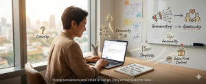 person creating email newsletter with elements like curiosity simplicity community and value-first content
