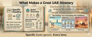 Illustrated UAE itinerary showing day plan with Dubai beach, Sheikh Zayed Mosque, and desert safari