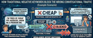 ppc negative keywords blocking conversational search intent example premium agency losing high value traffic due to keyword filtering