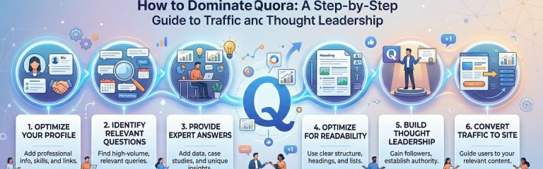 quora marketing strategy steps including profile optimization answering questions and driving traffic infographic