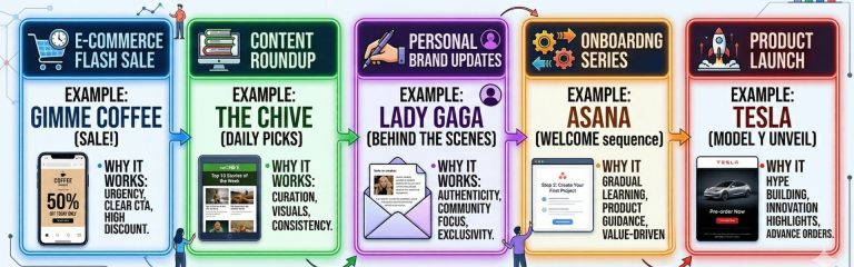 email marketing examples including flash sales content roundup onboarding series and product launches