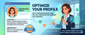 Illustration showing a professional Quora profile with photo, bio, and credentials for building trust