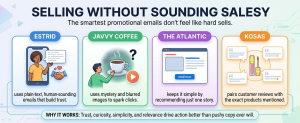 email marketing examples showing non-salesy promotional strategies using storytelling and simplicity