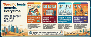 Infographic showing UAE travel keywords like Dubai itinerary, best time to visit UAE, and desert safari tips