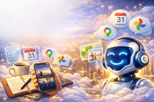 AI assistant surrounded by Google Calendar, Photos, Maps, and personal data icons showing personalized AI experience
