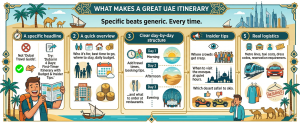 Step-by-step UAE itinerary planning guide with structure, tips, and logistics icons