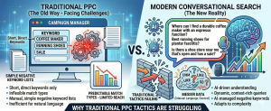 comparison of traditional ppc keyword targeting vs modern conversational ai search showing limitations and improved contextual understanding