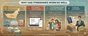 UAE map with emirates and reasons like diversity, search demand, and traveler clarity