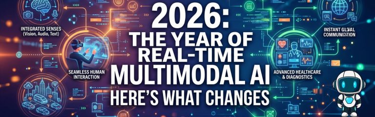 Infographic displaying future AI capabilities including healthcare, communication, integrated senses, and human interaction