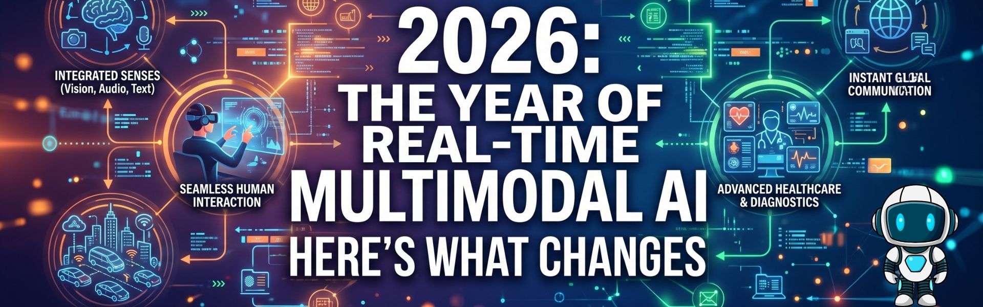 Infographic displaying future AI capabilities including healthcare, communication, integrated senses, and human interaction