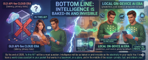 Illustration comparing cloud AI and on-device AI showing private offline intelligence embedded in smartphones and smart devices