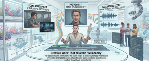 Multimodal AI system modifying character design, atmosphere, and music composition in a creative workspace