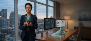 Business executive using smartphone with AI agent dashboard showing productivity growth, workload automation, and business analytics
