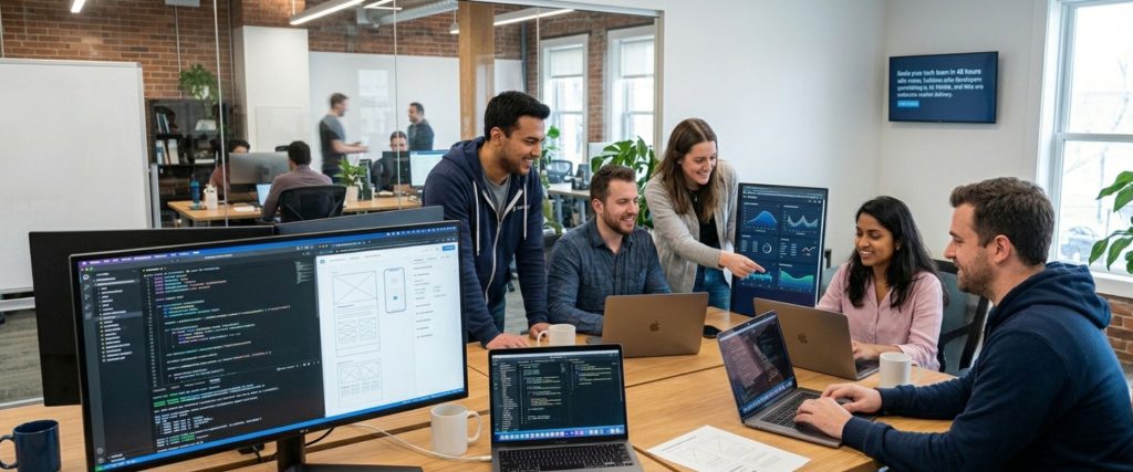 Tech talent and software developers collaborating on UI layouts and coding projects in an open-plan office.