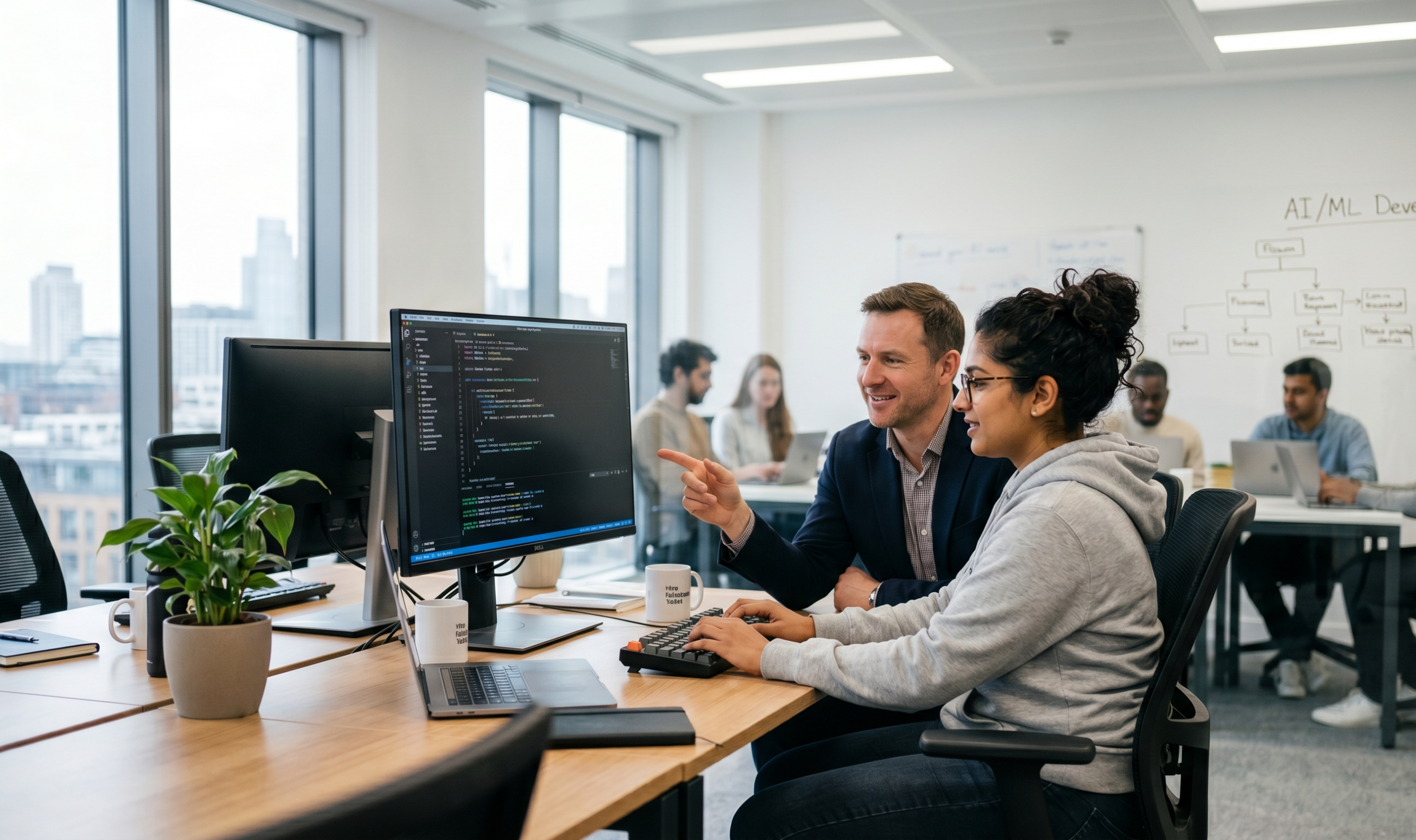 Software development mentor guiding a programmer during a coding session in a modern office