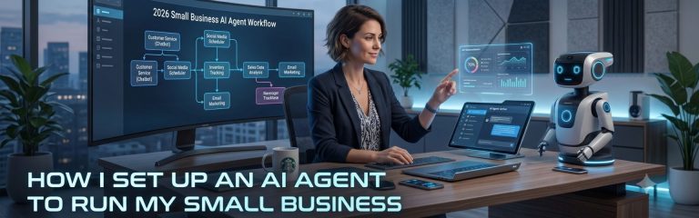 Business owner using AI workflow automation for customer service, social media management, inventory tracking, and marketing