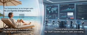 Entrepreneur relaxing on a beach while AI agents manage logistics, sales, and software operations