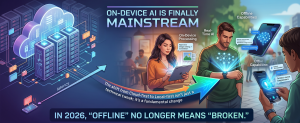 People using smartphones and wearable devices with integrated AI capabilities and offline processing
