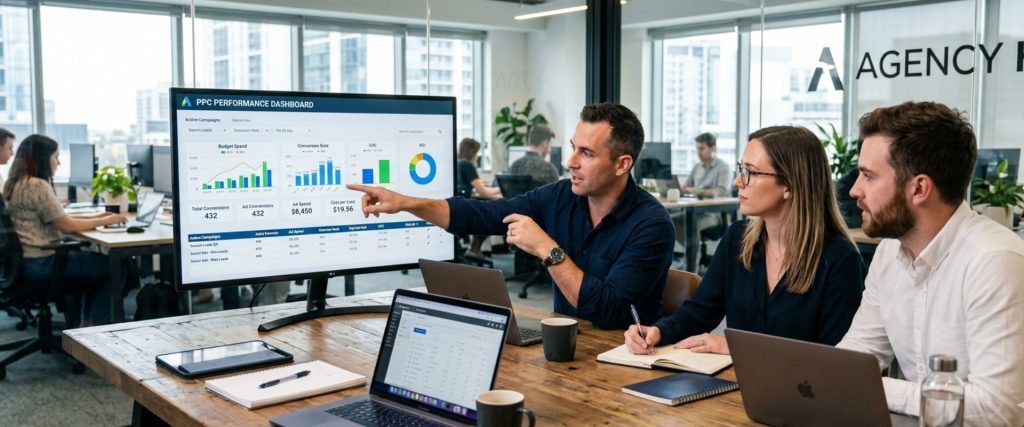 Digital marketing team analyzing Google and Social Ads metrics on a real-time PPC Performance Dashboard in a modern office.