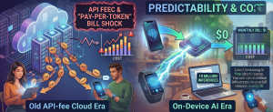 Comparison of API-based cloud costs versus local AI processing with stable expenses and reduced token usage