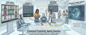 AI agent coworkers attending meetings, analyzing discussions, digitizing sketches, and generating project outputs in a futuristic workplace