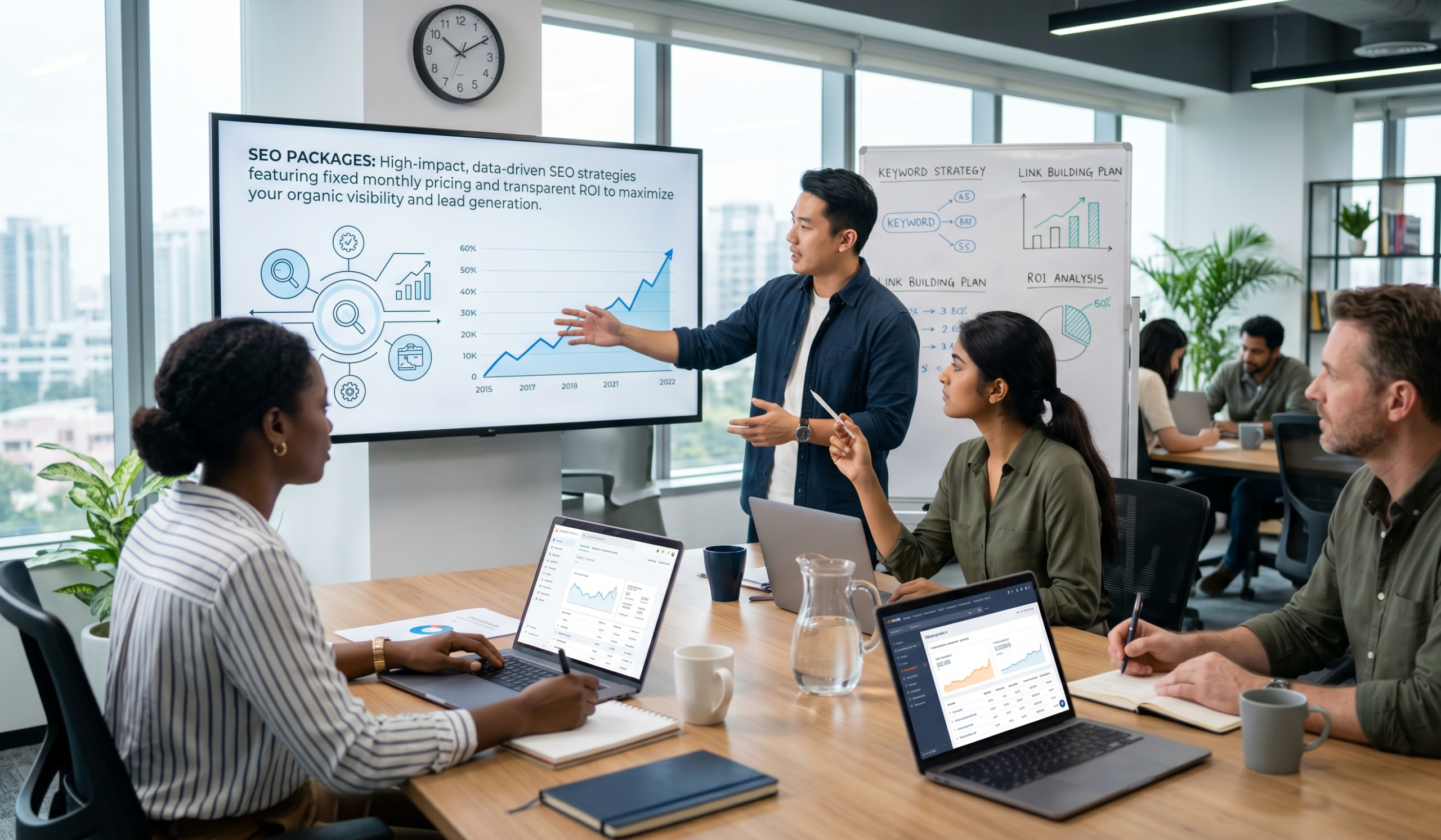 SEO strategy presentation showing keyword research, ranking growth, and ROI analytics during a business meeting