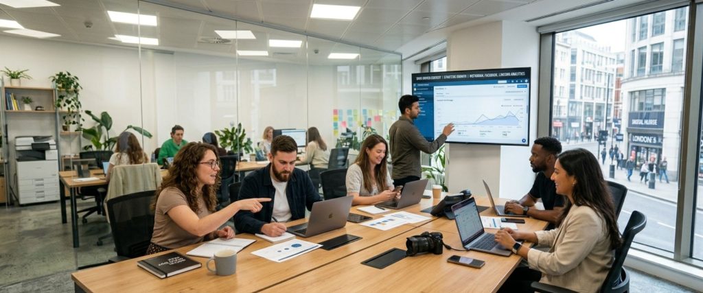 Marketing agency team discussing social media analytics and growth strategies during a conference room meeting