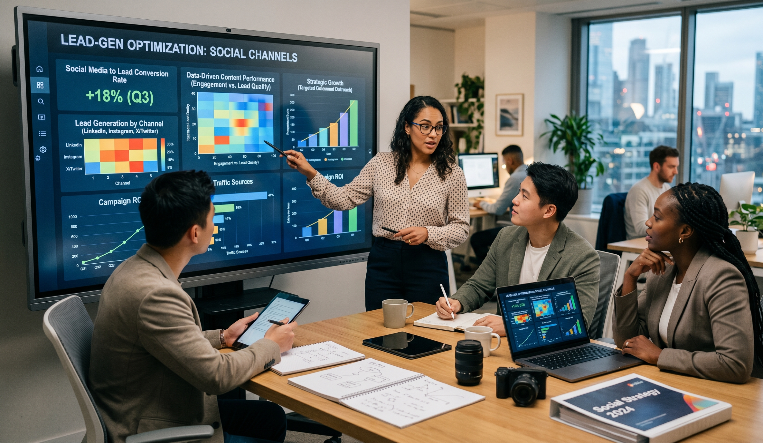 Marketing team reviewing social media analytics and campaign performance dashboards during strategy meeting