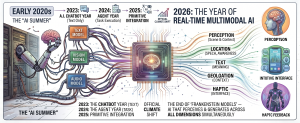 Timeline showing evolution from text-based AI systems to multimodal AI with perception and contextual understanding