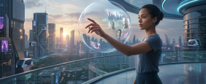 A wide, cinematic shot of a woman looking out over a futuristic cityscape at sunset, manipulating a clear floating holographic data globe from a high-rise balcony