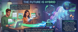 Illustration of hybrid AI architecture where devices process local tasks and cloud systems handle large-scale workloads