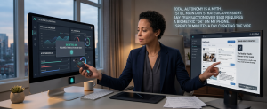 Business executive using biometric verification with AI dashboard and strategic oversight controls
