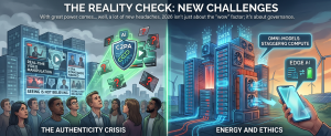 Split infographic detailing the dual challenges of governance: "The Authenticity Crisis" showing crowds analyzing manipulated media and C2PA standards, and "Energy and Ethics" showing massive data centers alongside edge devices and green energy sources.