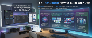 AI technology stack dashboard showing reasoning models, workflow automation, content generation, and security systems