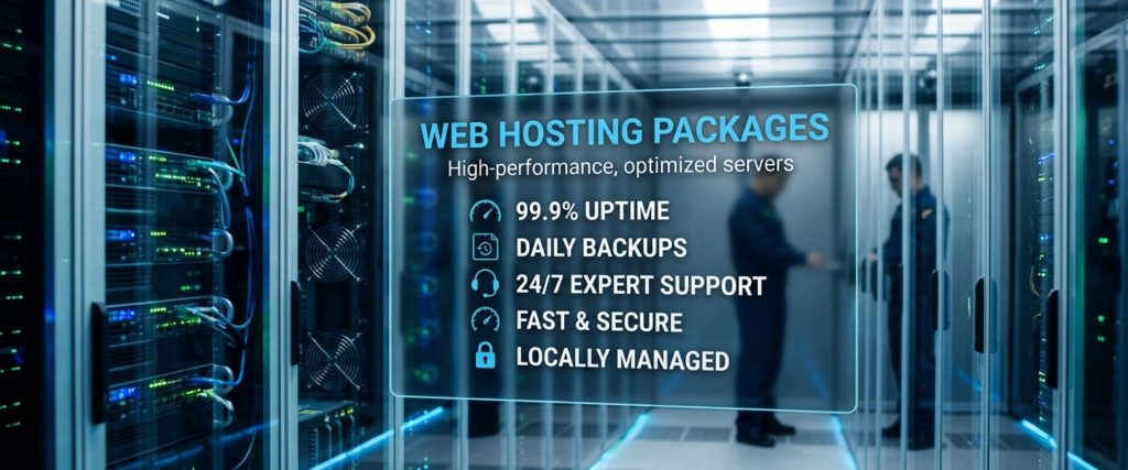Data center server room with high-performance optimized servers and a digital overlay displaying web hosting features.