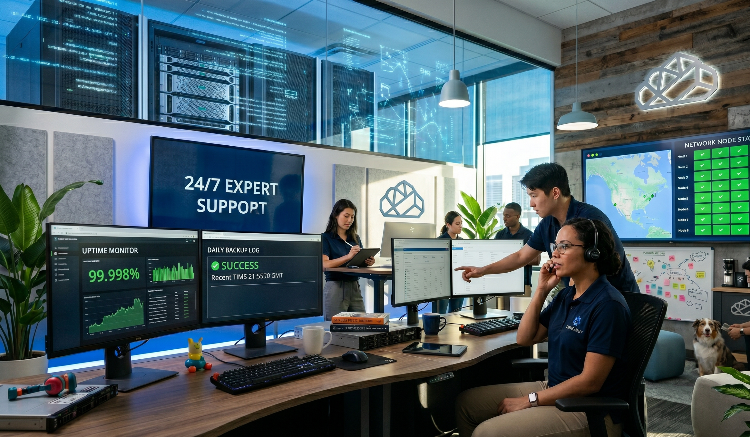 Modern web hosting support center with live server monitoring dashboards and technical support team