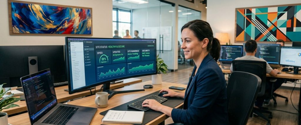 Web developer monitoring a website health dashboard displaying speed, updates, rankings, and security status.