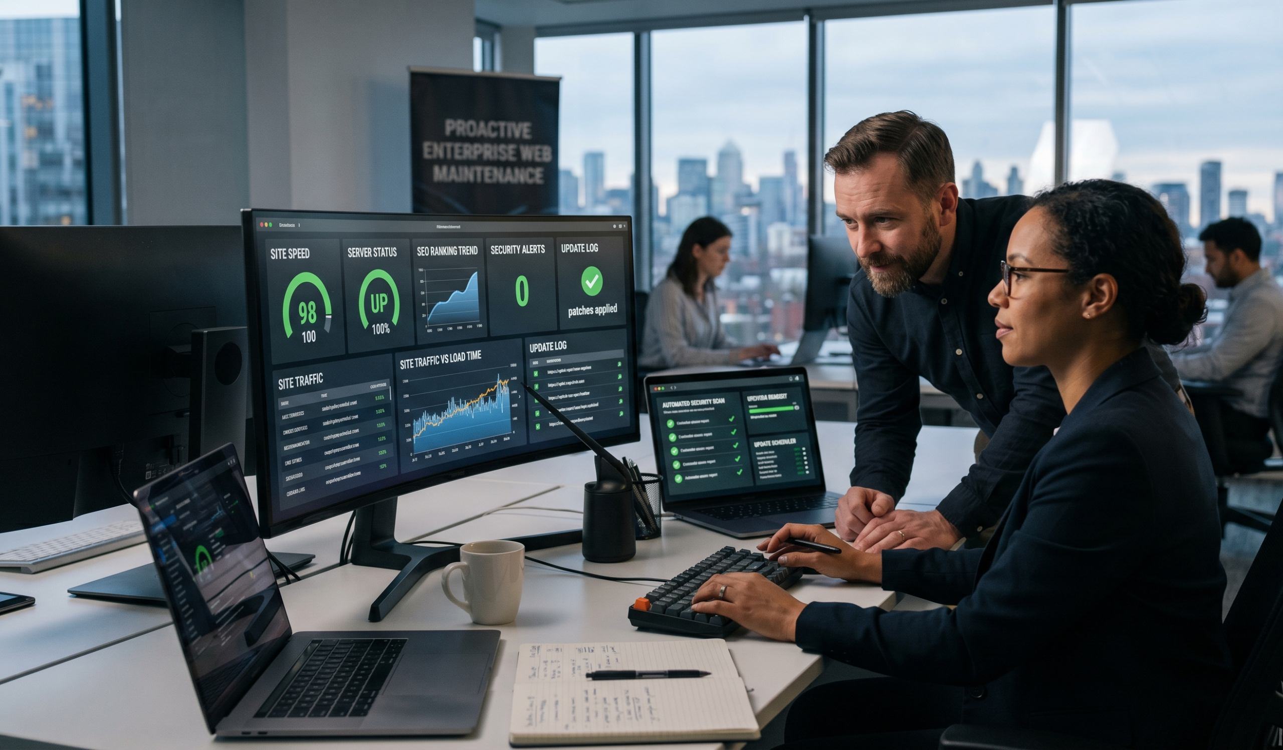 Website maintenance specialists monitoring site speed, security updates, and SEO performance dashboards