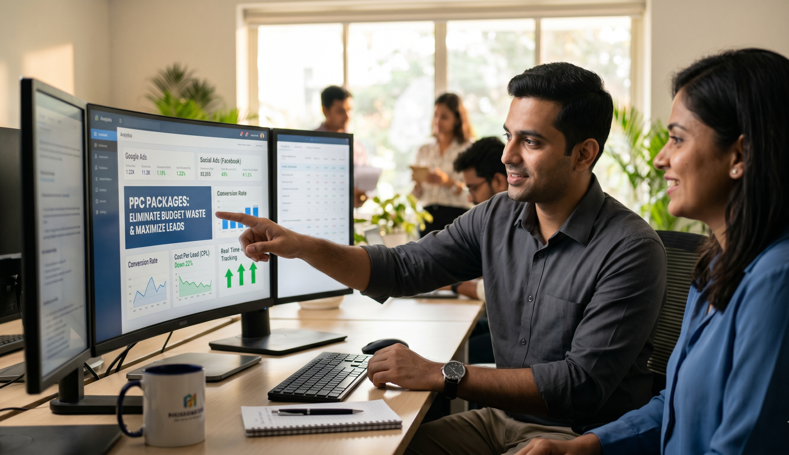 Digital marketing professionals analyzing PPC campaign dashboards and Google Ads performance metrics in a modern office